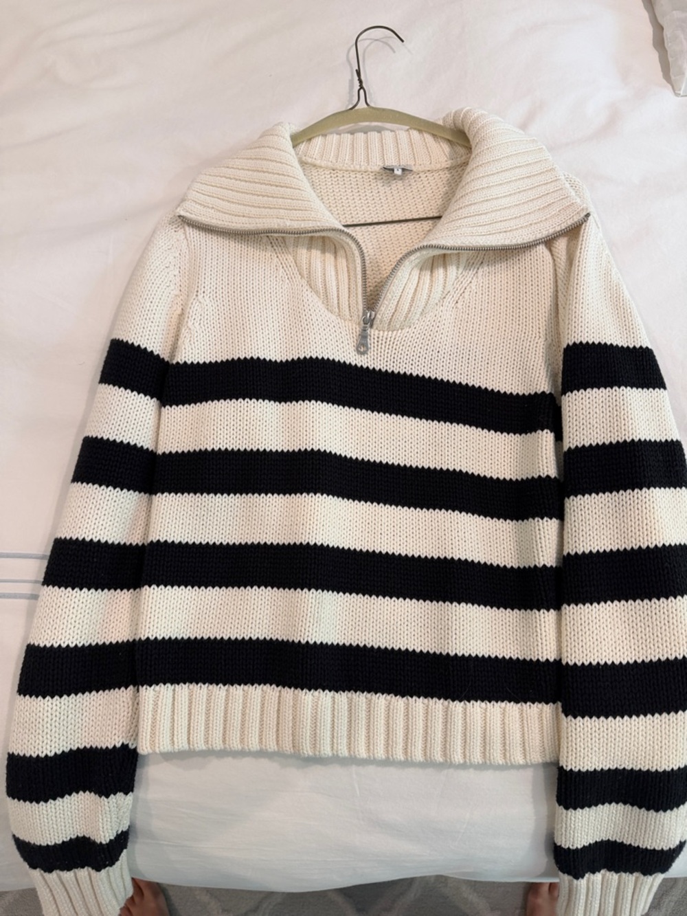 KULE Cream and Black Half-Zip Striped Knit Sweater